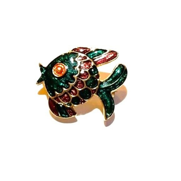 Green Red and Gold Cloisonné Puffy Fish Shaped Brooch Signed Ivana Adorable! - Picture 3 of 9
